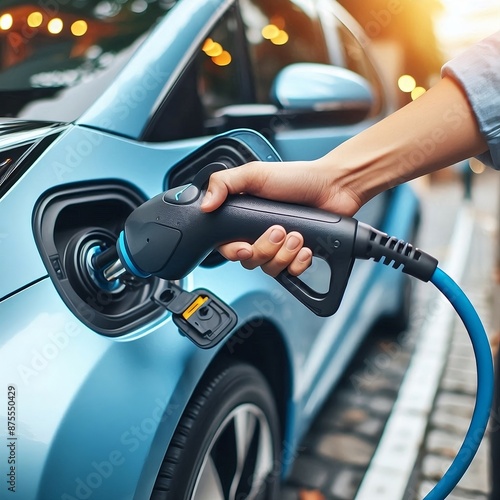A person's hand holding an electric vehicle charging cable and plugging it into a charging port on a blue electric vehicle generative ai © Chaudhry