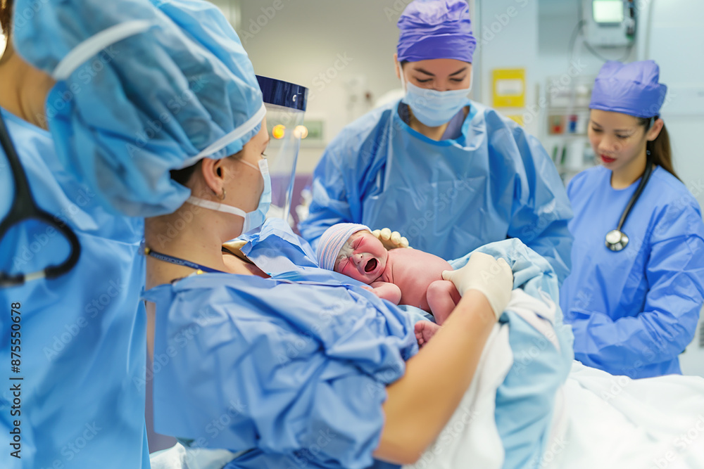 A group of medical professionals in blue scrubs and masks deliver a newborn baby in a hospital setting, capturing a moment of birth. A group of medical professionals in blue scrubs and masks deliver a newborn baby in a hospital setting, capturing a moment of birth.