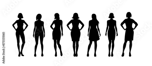 Group of woman silhouettes, standing in the different poses. Fashion show concept. Black color on white background.