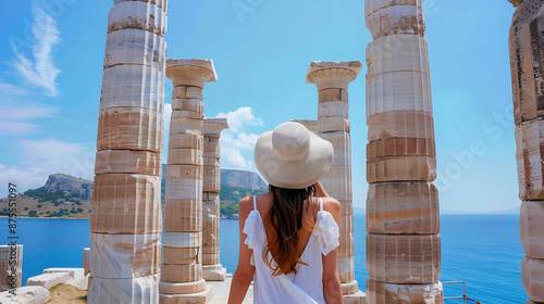 Woman Visiting the Ancient Temple of Poseidon in Greece photo