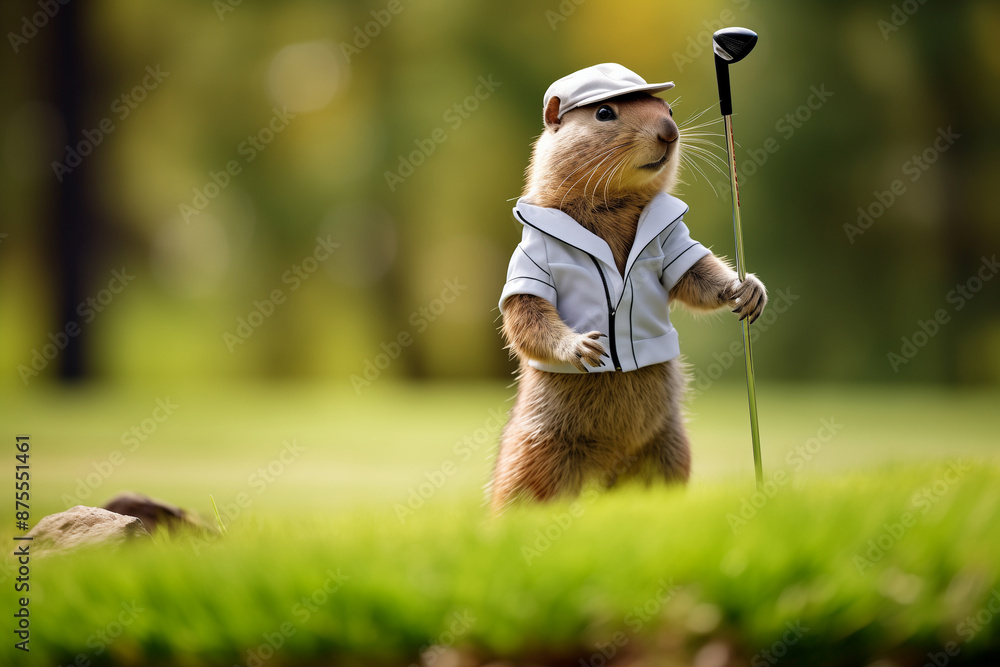 Obraz premium Awesome funky anthropomorphic Arctic ground squirrel playing golf on the golf course, copy space for text