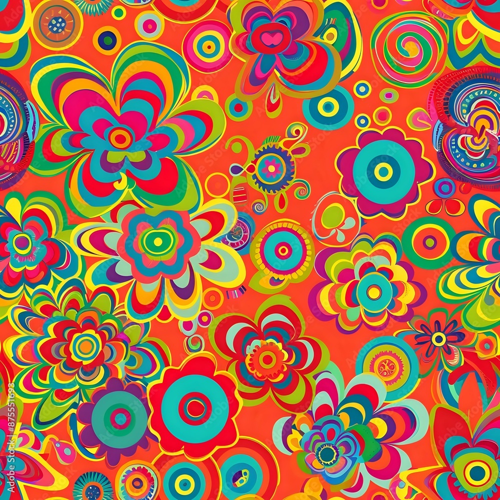 Naklejka premium Psychedelic 60s-Inspired Retro Seamless Vector Pattern with Swirling Shapes
