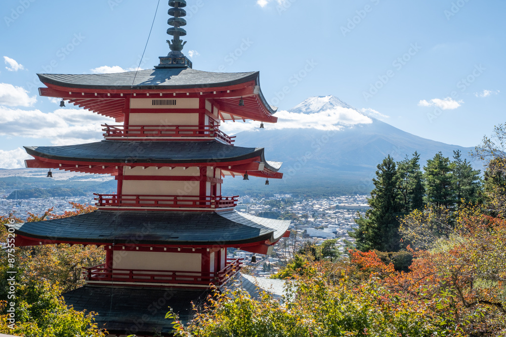 Kawaguchiko Sengen Shrine with partial cloud and snow coverage on Mt Fuji, Kawaguchiko, Japan Kawaguchiko Sengen Shrine with partial cloud and snow coverage on Mt Fuji, Kawaguchiko, Japan