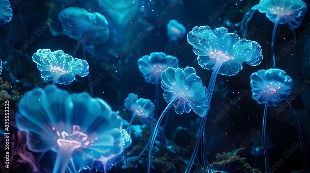 Naklejka premium A mesmerizing underwater scene with glowing jellyfish, depicting the beauty and mystery of marine life.