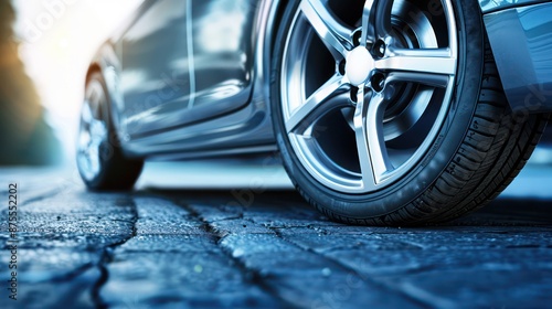 Wallpaper Mural Close-up of a modern car wheel and tire on cobblestone road surface Torontodigital.ca