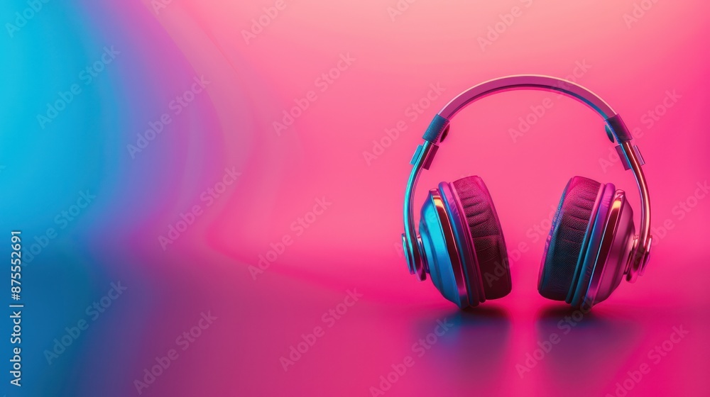 Modern headphones with vibrant gradient background in blue and pink. Modern headphones with vibrant gradient background in blue and pink.
