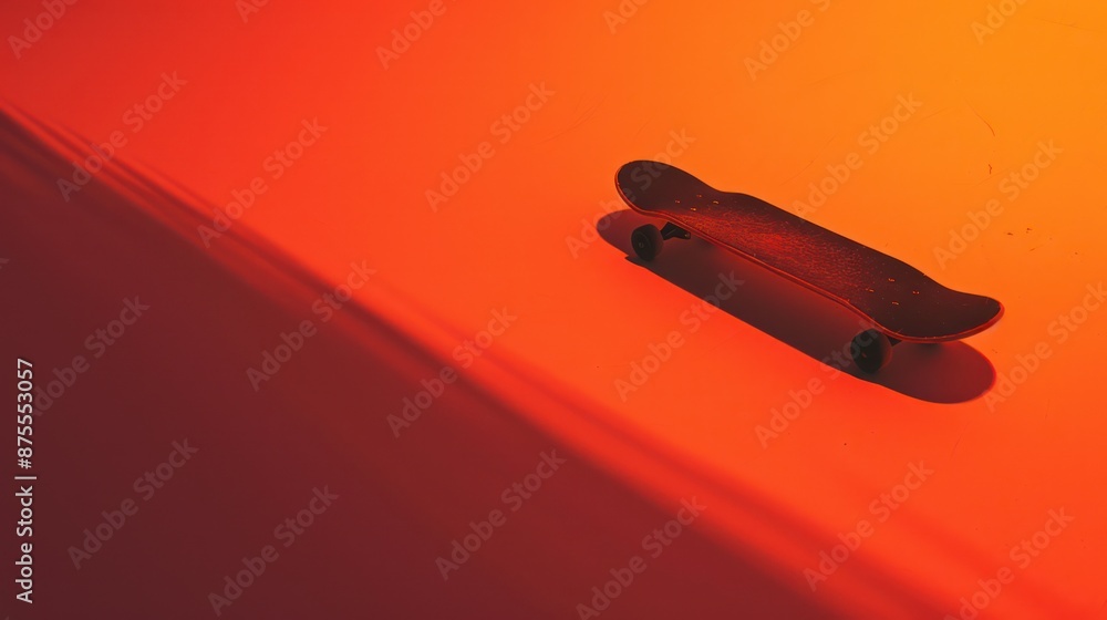 Minimalist skateboard in vivid red-orange lighting and shadows. Minimalist skateboard in vivid red-orange lighting and shadows.