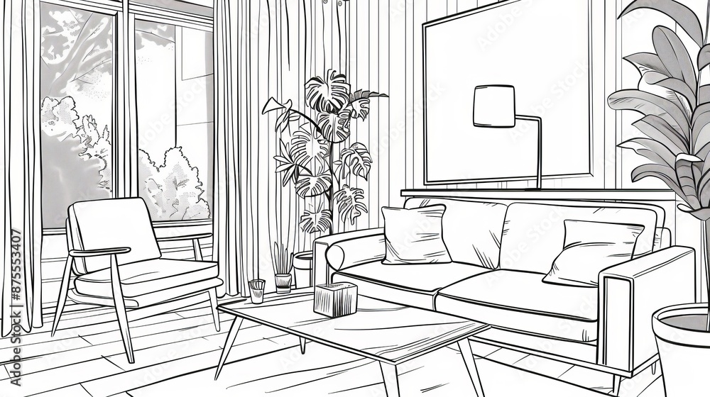 Fototapeta premium An image featuring the line art of a living room. In the illustration, there is a couch, chair, and coffee table.