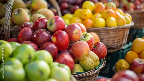 Fresh apples and other fruits in wicker baskets at market