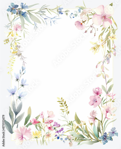 An intricate and elegant frame for note cards, featuring a rectangle border with delicate watercolour wildflowers in soft pastel colours © britaseifert