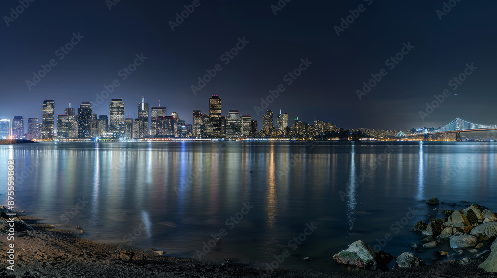 Fototapeta premium Panoramic view of San Francisco's skyline at night from Treasure Island. A startup company is launching a project to find and develop a successful business model for holograms.