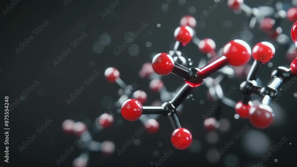 A detailed view of a molecular structure consisting of red and black spheres connected by bonds. The background is dark, emphasizing the bright colors of the molecules. The image evokes a scientific A detailed view of a molecular structure consisting of red and black spheres connected by bonds. The background is dark, emphasizing the bright colors of the molecules. The image evokes a scientific