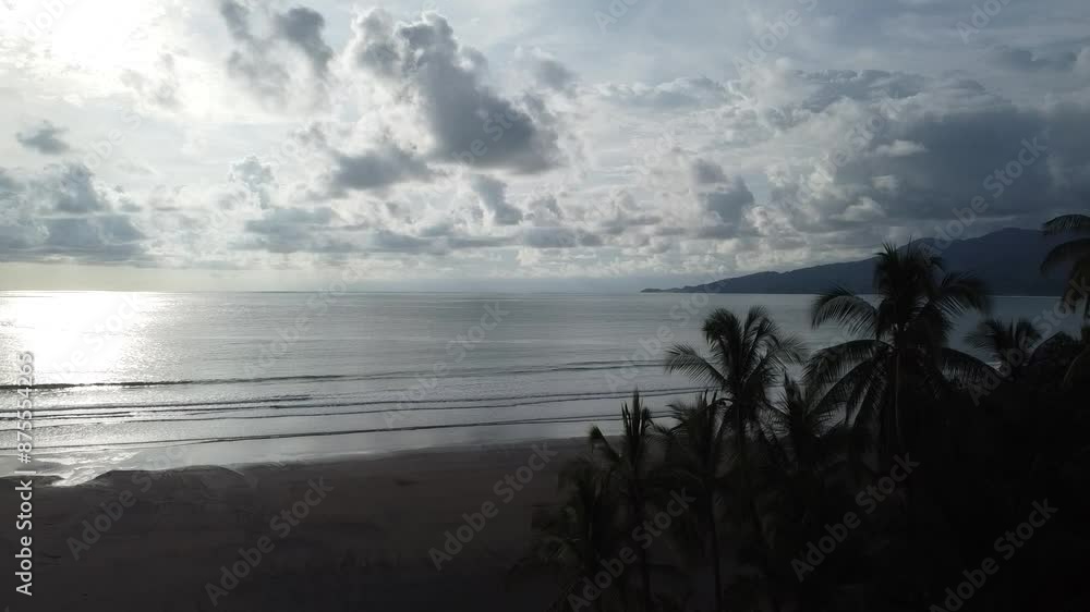 Landing on a beach with palm trees. Tropical view of the ocean coast, rest on the sea. Sun reflecting in the water. Drone aerial footage Landing on a beach with palm trees. Tropical view of the ocean coast, rest on the sea. Sun reflecting in the water. Drone aerial footage