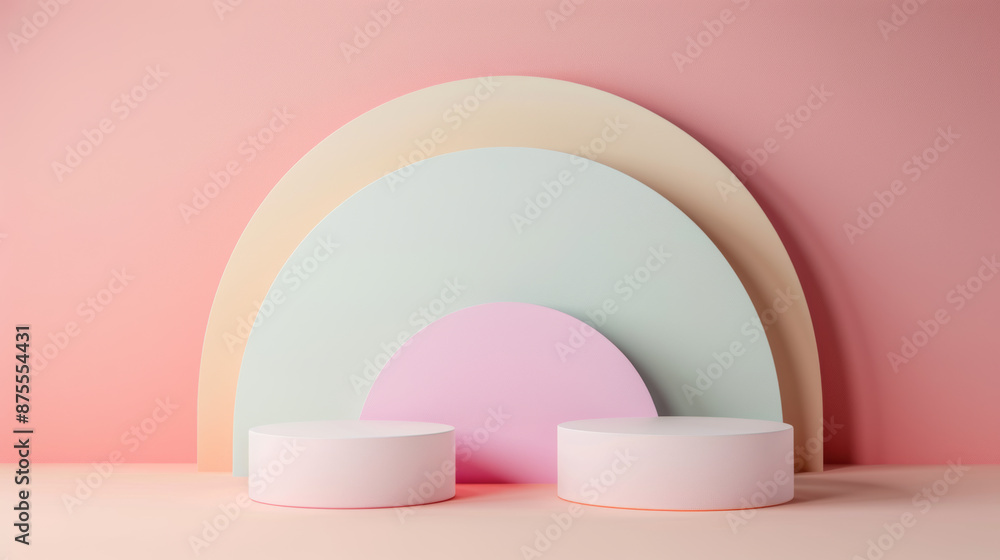 White podiums in a semi-circle shape, with a pastel backdrop. They're 3D and realistic, making them perfect for product displays or presentations. White podiums in a semi-circle shape, with a pastel backdrop. They're 3D and realistic, making them perfect for product displays or presentations.