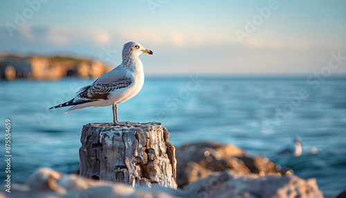 Eine Möwe sitzt am Wasser auf einem hölzernen Poller