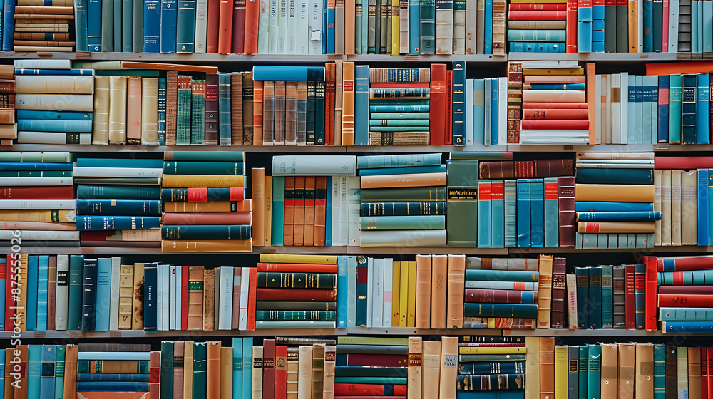 a large bookshelf filled with books of various sizes and colors, arranged in no particular order. The diverse spines create a colorful pattern, suggesting a rich collection of literature a large bookshelf filled with books of various sizes and colors, arranged in no particular order. The diverse spines create a colorful pattern, suggesting a rich collection of literature
