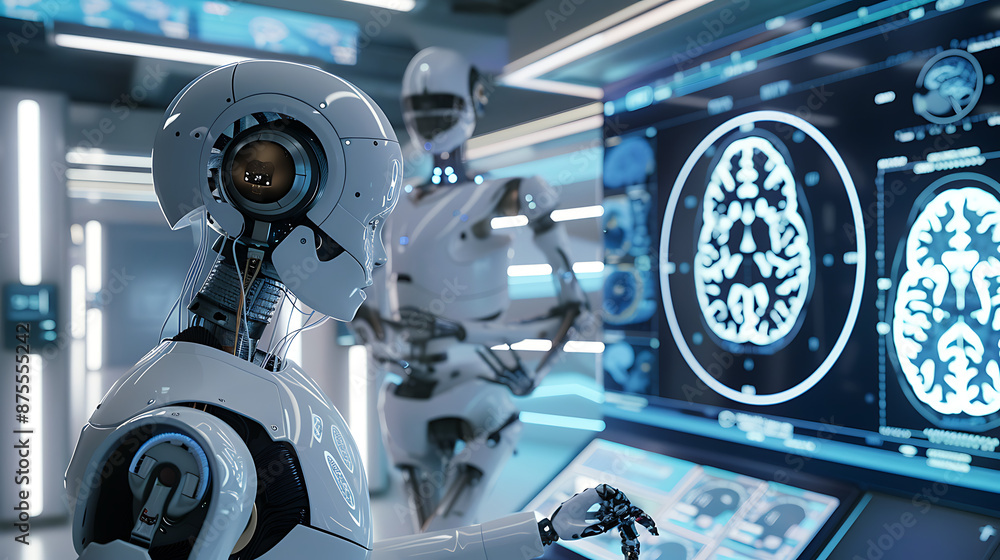 Fototapeta premium a humanoid robot interacting with a holographic interface displaying brain scans. The fusion of robotics and AI in healthcare is indeed fascinating