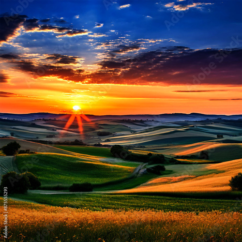 Beautiful landscape, sunrise over hills, farmland.Beautiful digital landscape.Ai generated image photo