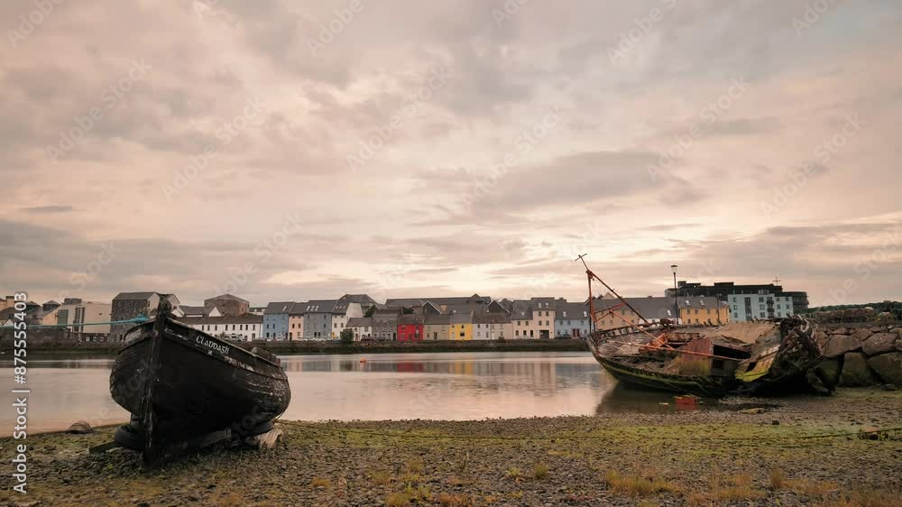 Cloudy Evening cityscape scenery, colourful houses at Long walk, Claddagh by Corrib river at Galway city, Ireland, 4k time lapse Cloudy Evening cityscape scenery, colourful houses at Long walk, Claddagh by Corrib river at Galway city, Ireland, 4k time lapse