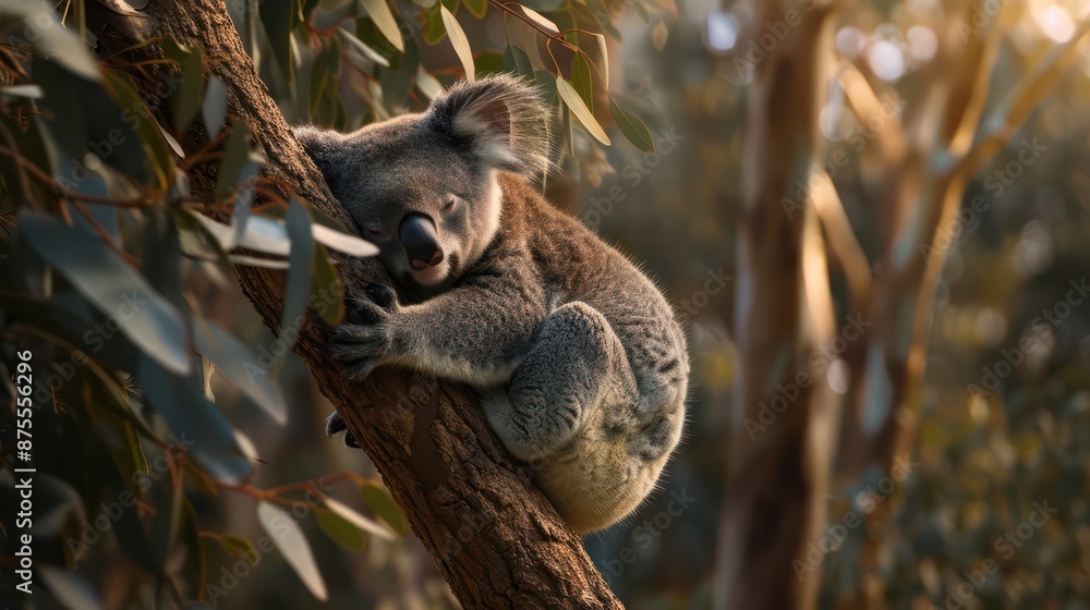 Fototapeta premium A cute koala sleeping peacefully on a tree in the Australian outback.