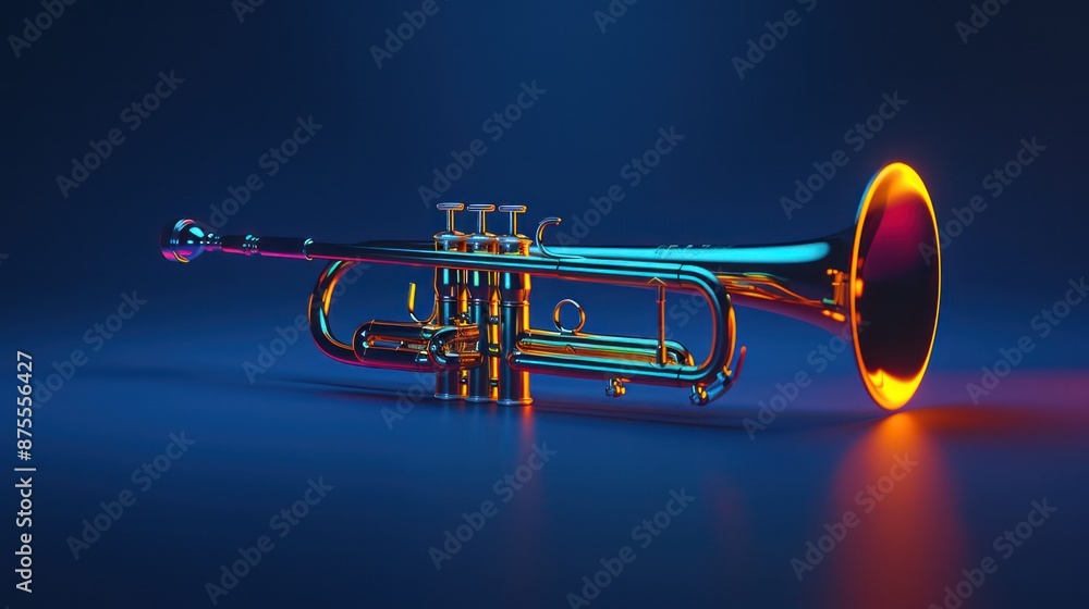 Colorful trumpet emitting vibrant light on blue background beautifully Colorful trumpet emitting vibrant light on blue background beautifully