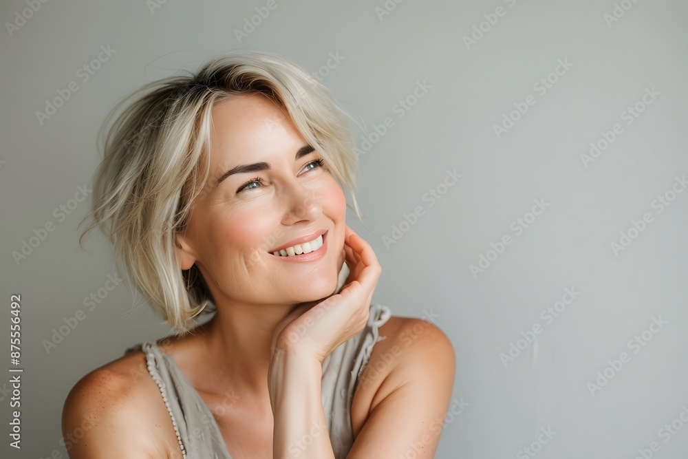 Happy Blonde Woman in white Top Smiles, with her hand on her chin Happy Blonde Woman in white Top Smiles, with her hand on her chin