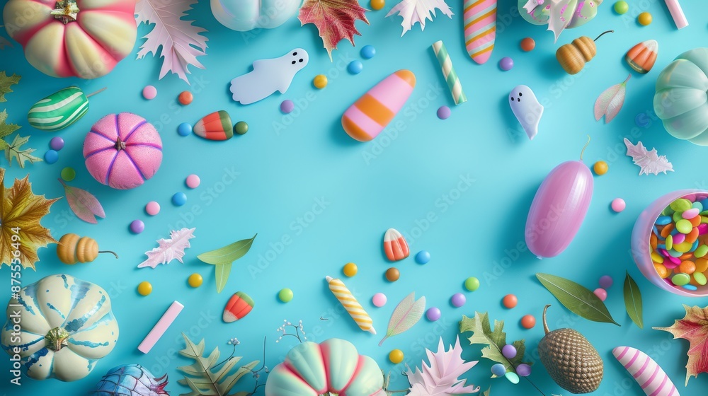 Festive background for the Halloween holiday, top view of decorative holiday elements, candy pumpkin, different decor, ghost and bats Festive background for the Halloween holiday, top view of decorative holiday elements, candy pumpkin, different decor, ghost and bats