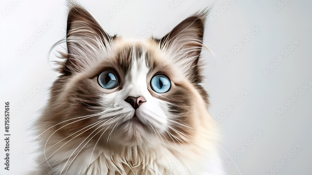 A cute and fluffy Ragdoll kitty cat looking directly at the camera, isolated on a clear background. Captures a funny moment and conveys a pet concept.
A cute and fluffy Ragdoll kitty cat looking directly at the camera, isolated on a clear background. Captures a funny moment and conveys a pet concept.