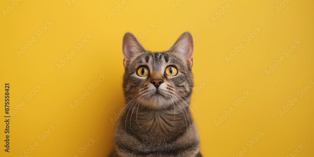 Adorable tabby cat sitting, looking curious with prominent whiskers. Adorable tabby cat sitting, looking curious with prominent whiskers.