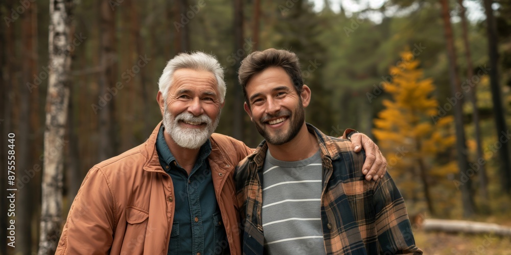 Fototapeta premium A happy senior father and his adult son hiking together in the woods, enjoying family time and embracing outdoors.