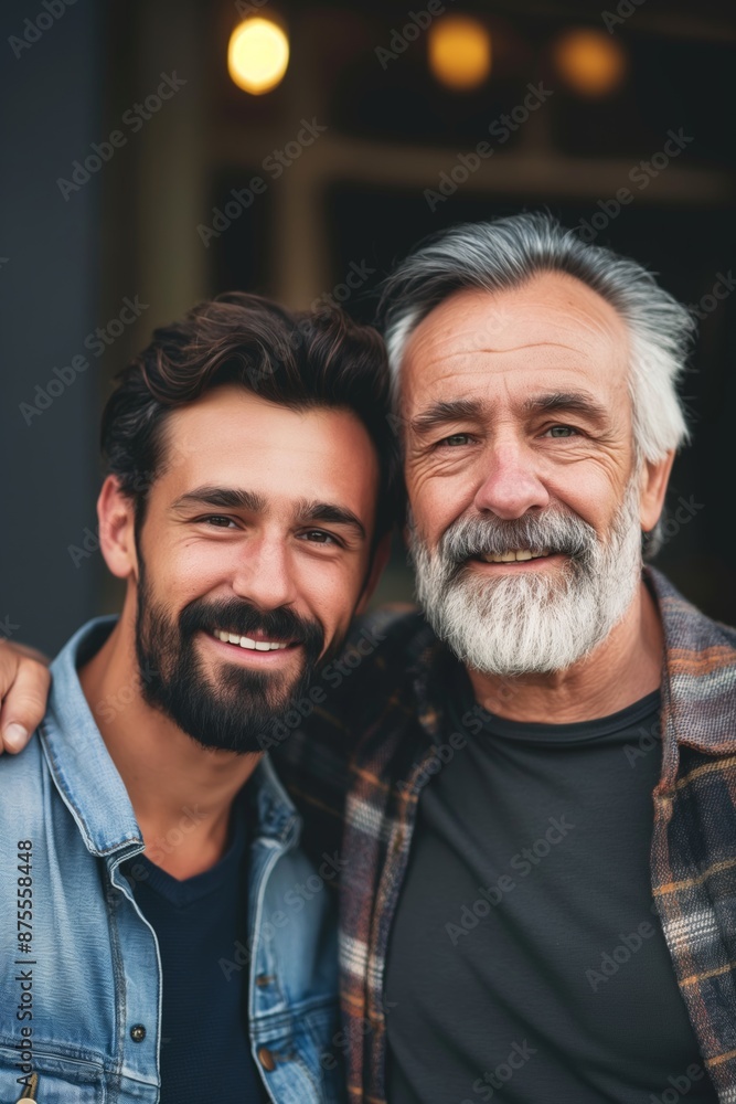 A loving senior father and his adult son hugging and smiling, posing together outdoors, enjoying their time. A loving senior father and his adult son hugging and smiling, posing together outdoors, enjoying their time.