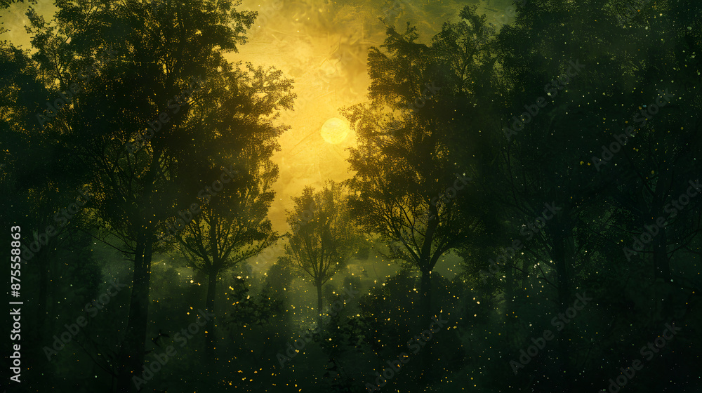 A moon is shining on two trees in the dark A moon is shining on two trees in the dark