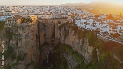 Aerial view of the Ronda medieval town at sunrise, Andalusia, Spain