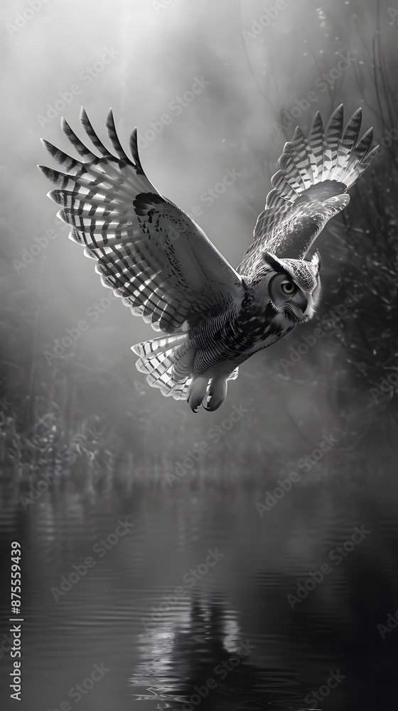 Fototapeta premium Majestic Owl Soars Through Moonlit Mist