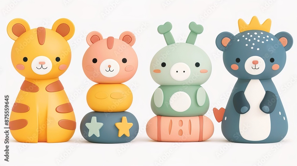 Fototapeta premium Collection of three vibrant classic toys for toddlers or babies, isolated on a transparent background.