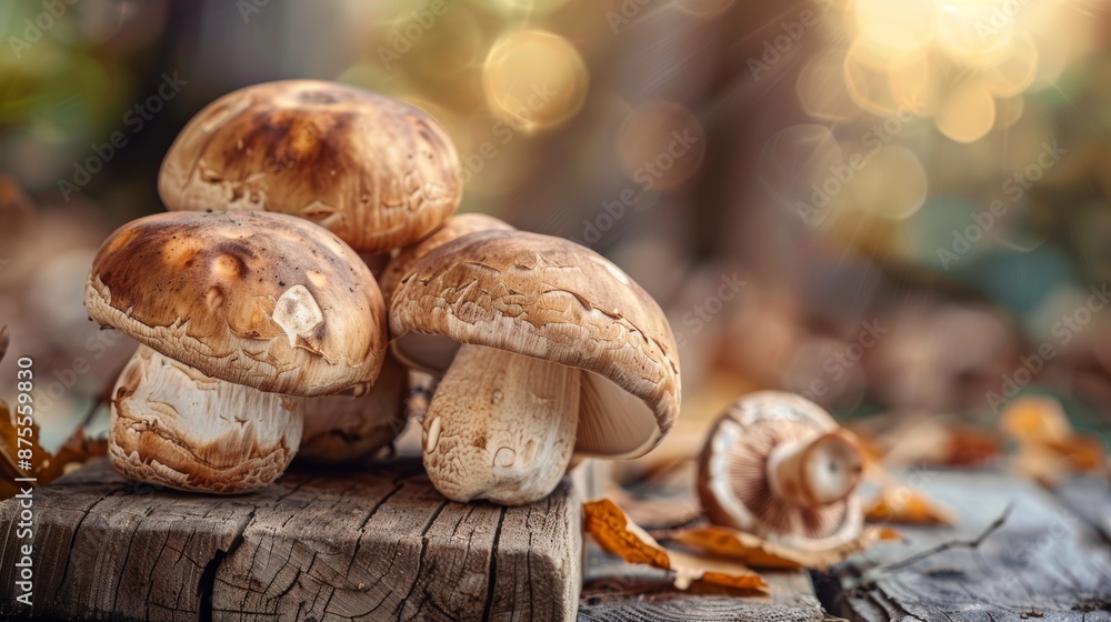 Close-up of Fresh Brown Mushrooms on Wooden Surface with Bokeh Background Close-up of Fresh Brown Mushrooms on Wooden Surface with Bokeh Background