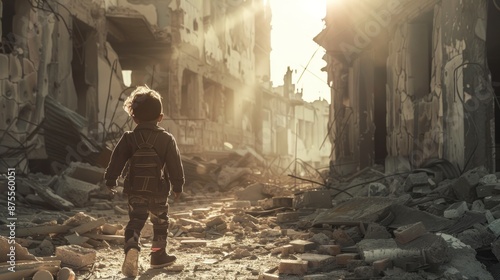 Little boy walking in the ruins of a building after an air strike in the war. AI generated © saifur