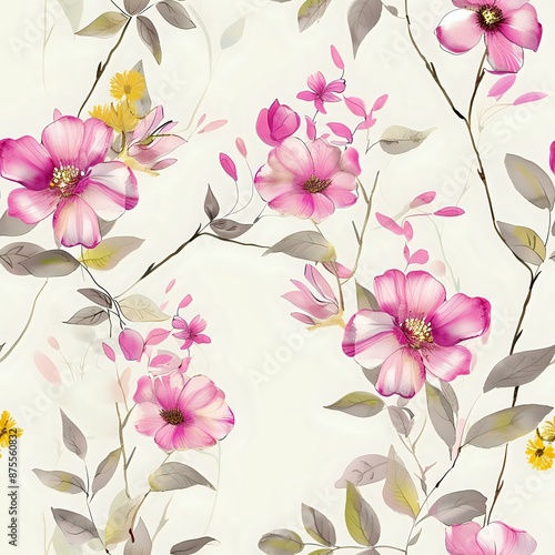 Chic Stylized Flower Geometric Repeat Pattern in Dark Blue and Pink