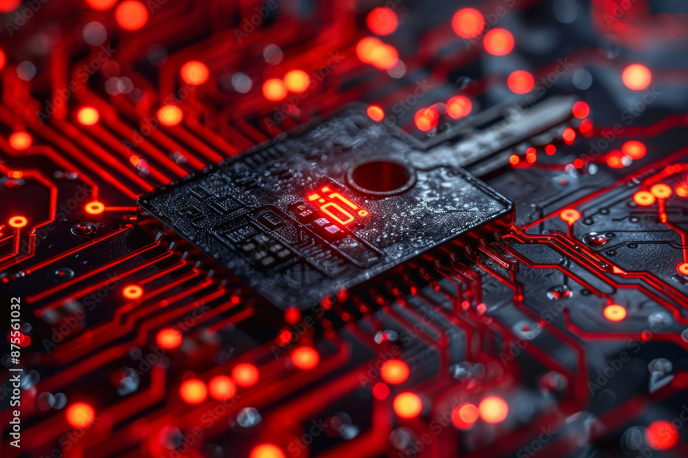 Fototapeta premium Key icon on digital circuit board background. Digital security and data protection concept. 