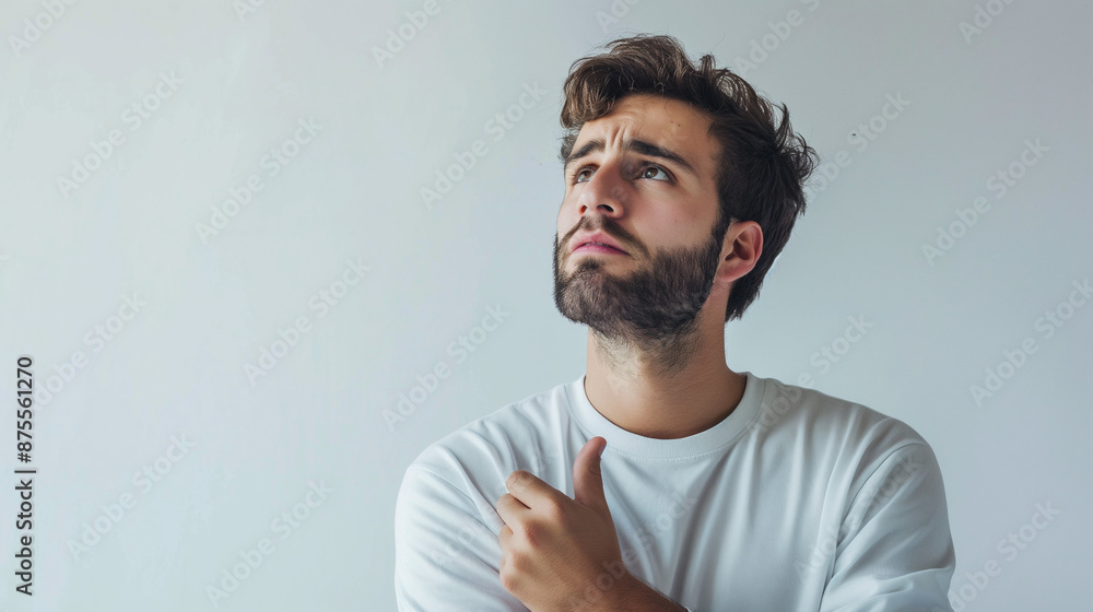 A man on a white background is thinking about something A man on a white background is thinking about something