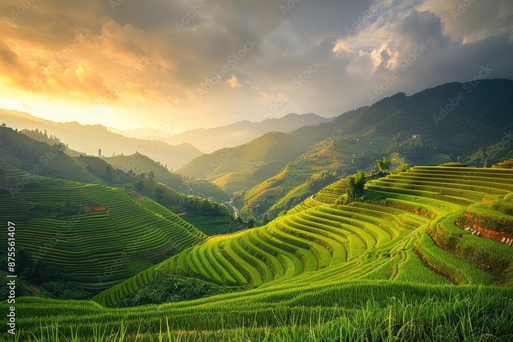 A beautiful landscape with mountains and green rice fields. The sky is cloudy and the sun is setting A beautiful landscape with mountains and green rice fields. The sky is cloudy and the sun is setting