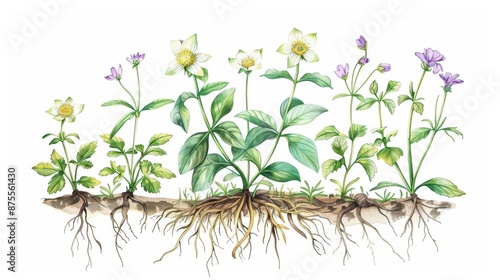 Fototapeta Naklejka Na Ścianę i Meble -  A bright watercolor illustration of botany, showcasing the beauty and complexity of plant life with flowers, leaves, and roots, isolate on white background with copy space