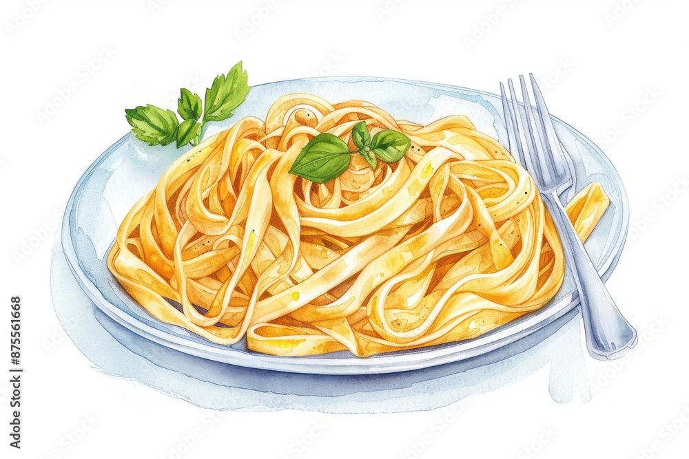 A charming watercolor illustration of fettuccine alfredo, showcasing the rich, creamy sauce coating the fettuccine noodles, isolate on white background with copy space A charming watercolor illustration of fettuccine alfredo, showcasing the rich, creamy sauce coating the fettuccine noodles, isolate on white background with copy space