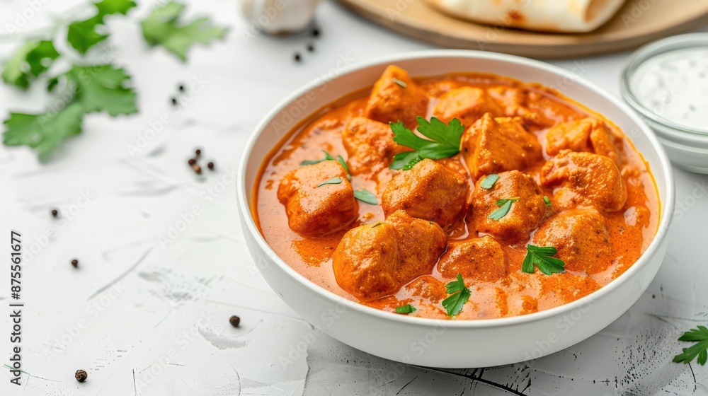 A charming watercolor illustration of tikka masala, showcasing the creamy, spiced curry with chunks of tender chicken, isolate on white background with copy space A charming watercolor illustration of tikka masala, showcasing the creamy, spiced curry with chunks of tender chicken, isolate on white background with copy space