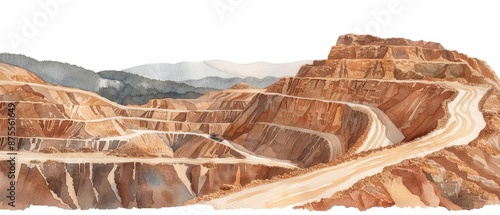 A charming watercolor illustration of openpit mining, showcasing the terraced walls and large excavation area, isolate on white background with copy space photo