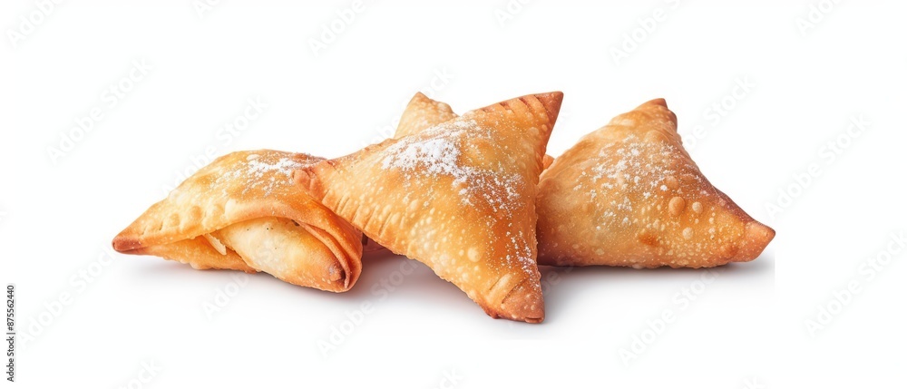 Fototapeta premium A detailed watercolor painting of samosas, capturing the goldenbrown pastry filled with spiced potatoes and peas, isolate on white background with copy space