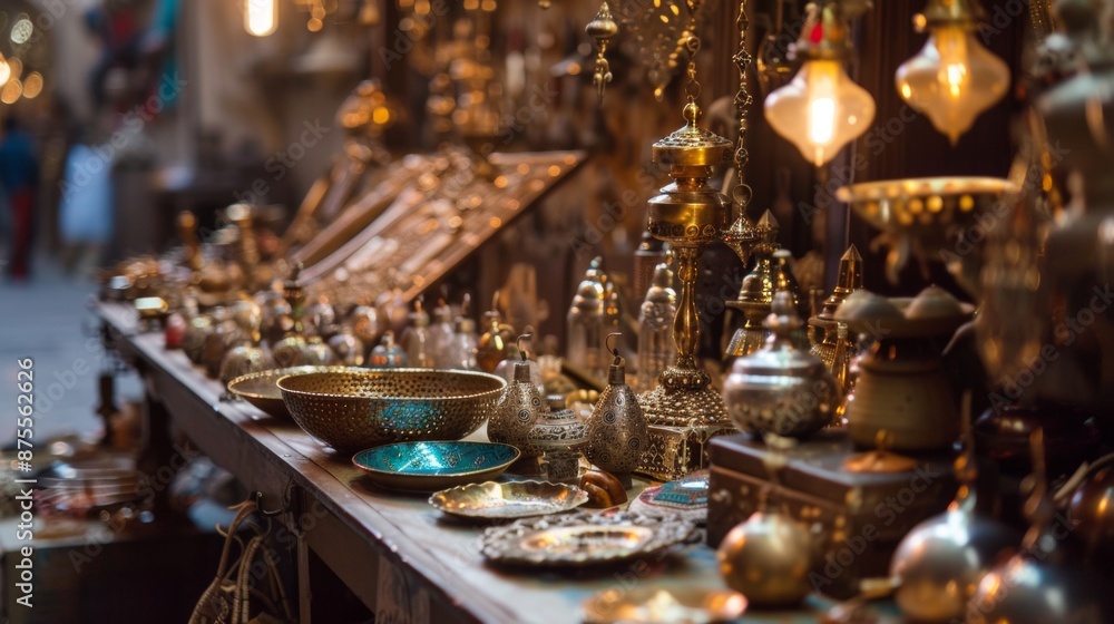 Antique Brass Items Displayed on Table in Market Setting Antique Brass Items Displayed on Table in Market Setting