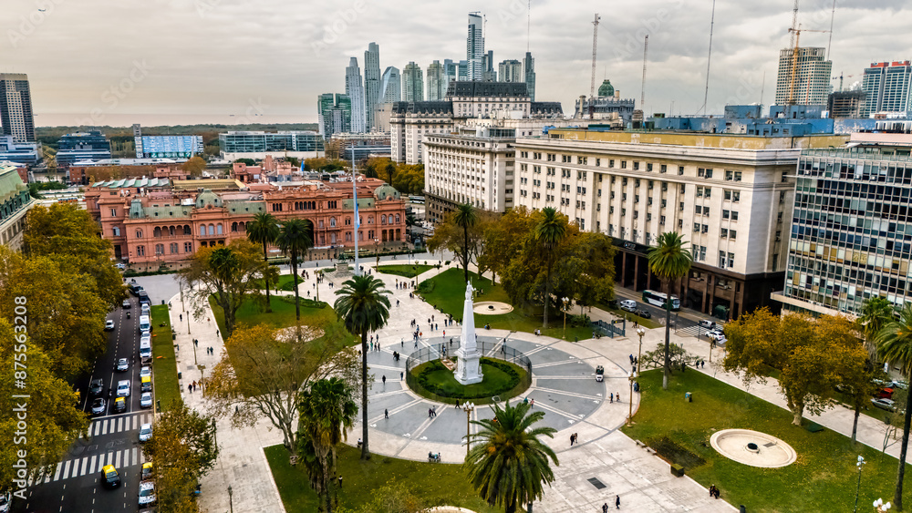 Aerial view of the Plaza de Mayo with the Casa Rosada in the background in Buenos Aires, Argentina