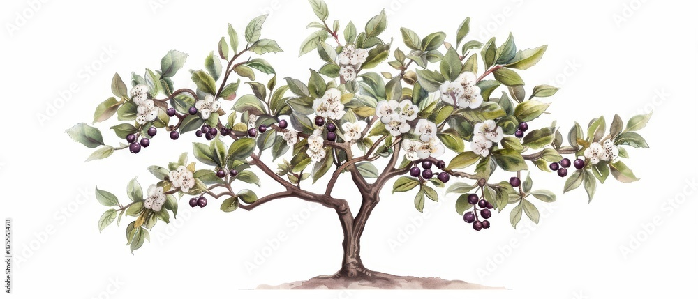 A rich watercolor painting of a serviceberry tree, capturing its white spring blossoms and dark purple summer berries, isolate on white background with copy space A rich watercolor painting of a serviceberry tree, capturing its white spring blossoms and dark purple summer berries, isolate on white background with copy space