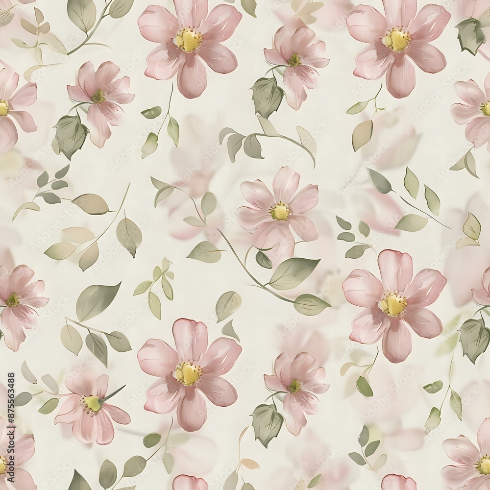 custom made wallpaper toronto digitalRetro Botanical Pink Flower and Green Leaves Grid Pattern